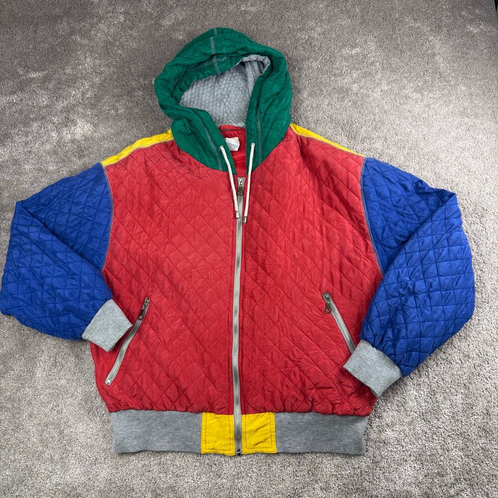 VTG Colorblock Quilted Silk Jacket Hooded Full Zip Size L St Johns Bay Sport